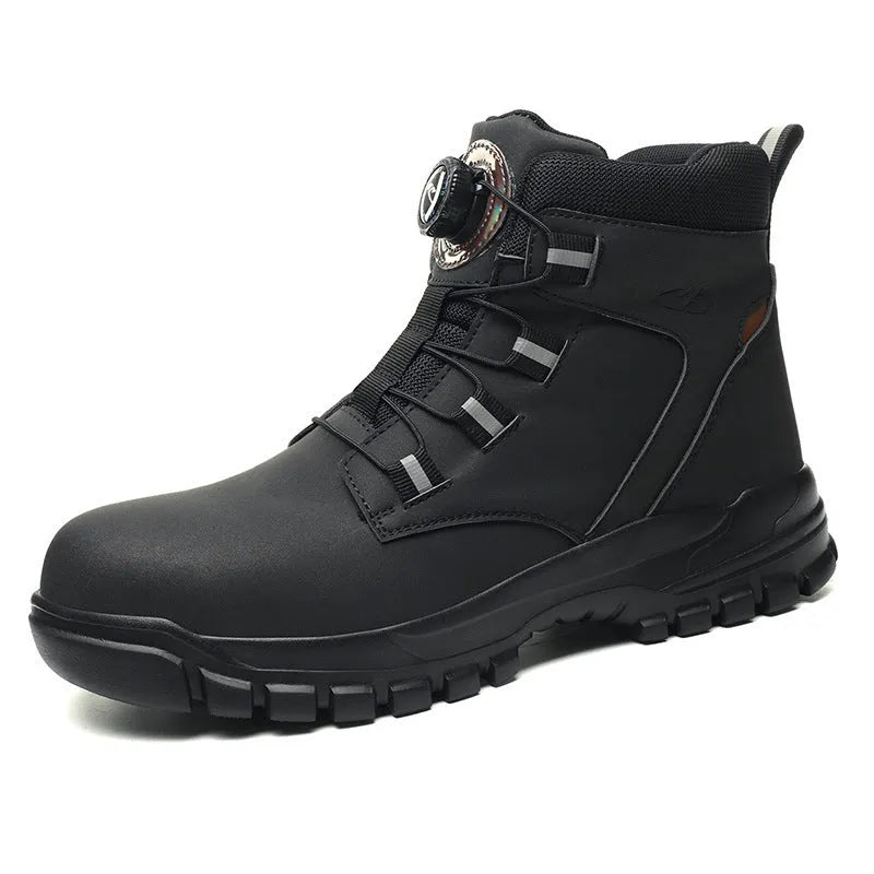 Lightweight labour protection safety shoes with leather upper and rubber sole in black, yellow and grey colours