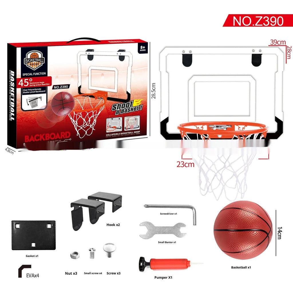 Red and blue folding basketball frame with suction cup and hook on a white wall.