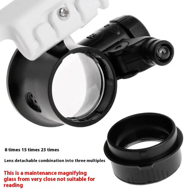 White head mounted magnifying glass with LED light, shown folded and unfolded