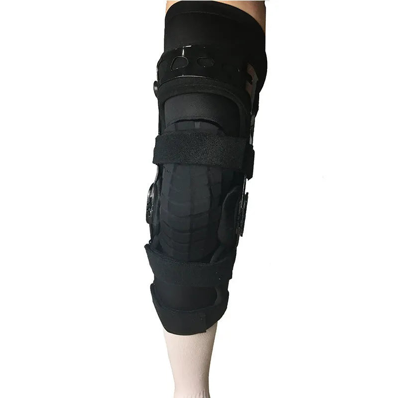 Black anterior ligament knee pad with metal hinge brace, showing left and right leg sizes.
