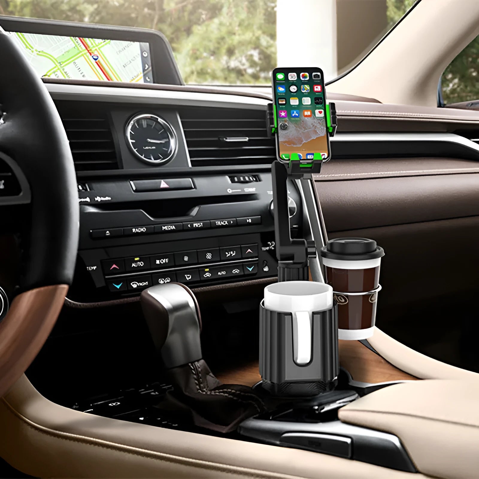 Green and grey car drink rack with integrated mobile phone holder, model A02, made from ABS/PC plastic