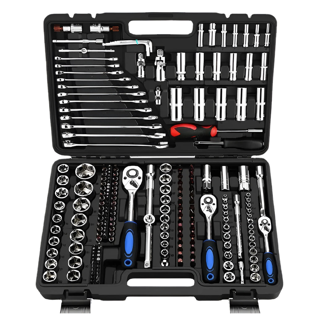 46-piece chromium vanadium steel socket ratchet wrench set in a black storage case.