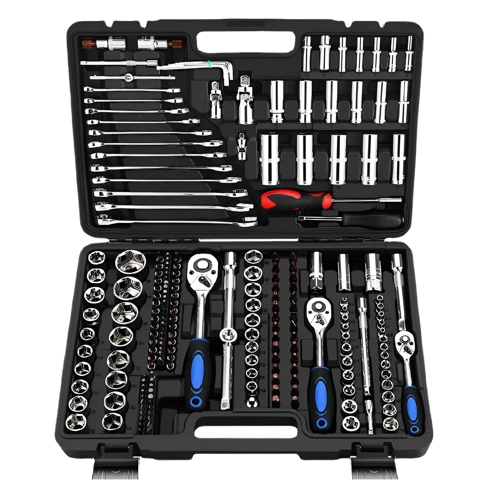 46-piece chromium vanadium steel socket ratchet wrench set in a black storage case.