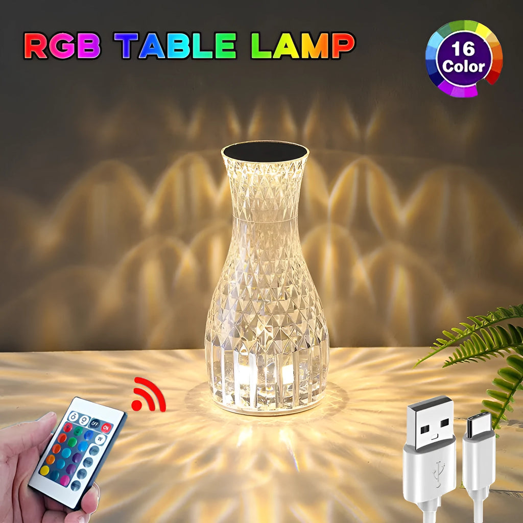 Vase shaped crystal table lamp with touch control and remote for bedside lighting