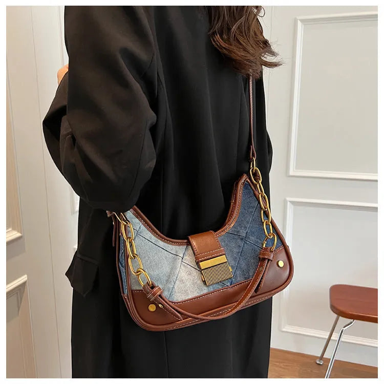 Women's brown denim bucket shoulder bag with diamond chain mesh and double strap