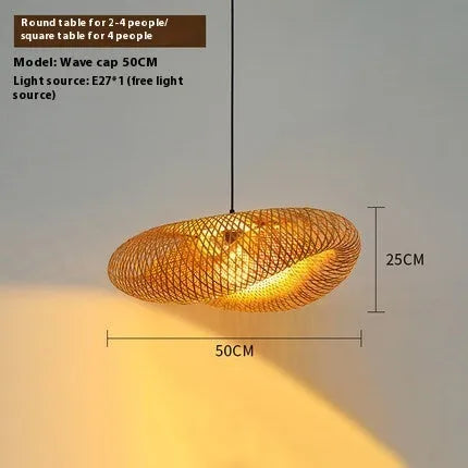 Bamboo hanging lamp with straw hat shape and 60cm diameter, made from natural rattan