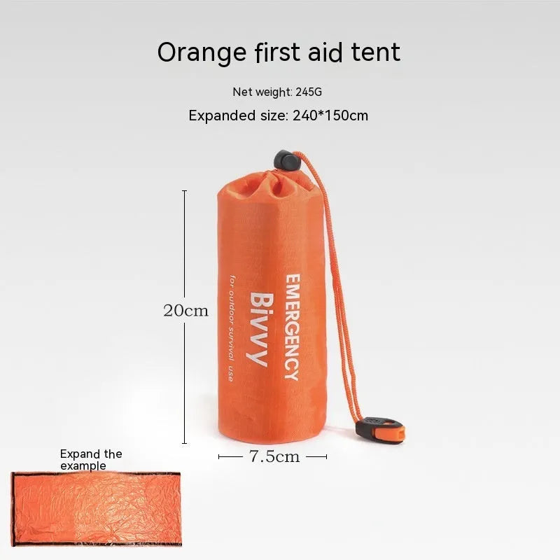 Orange portable disaster relief tent kit with sleeping bag and safety whistle for emergency shelter