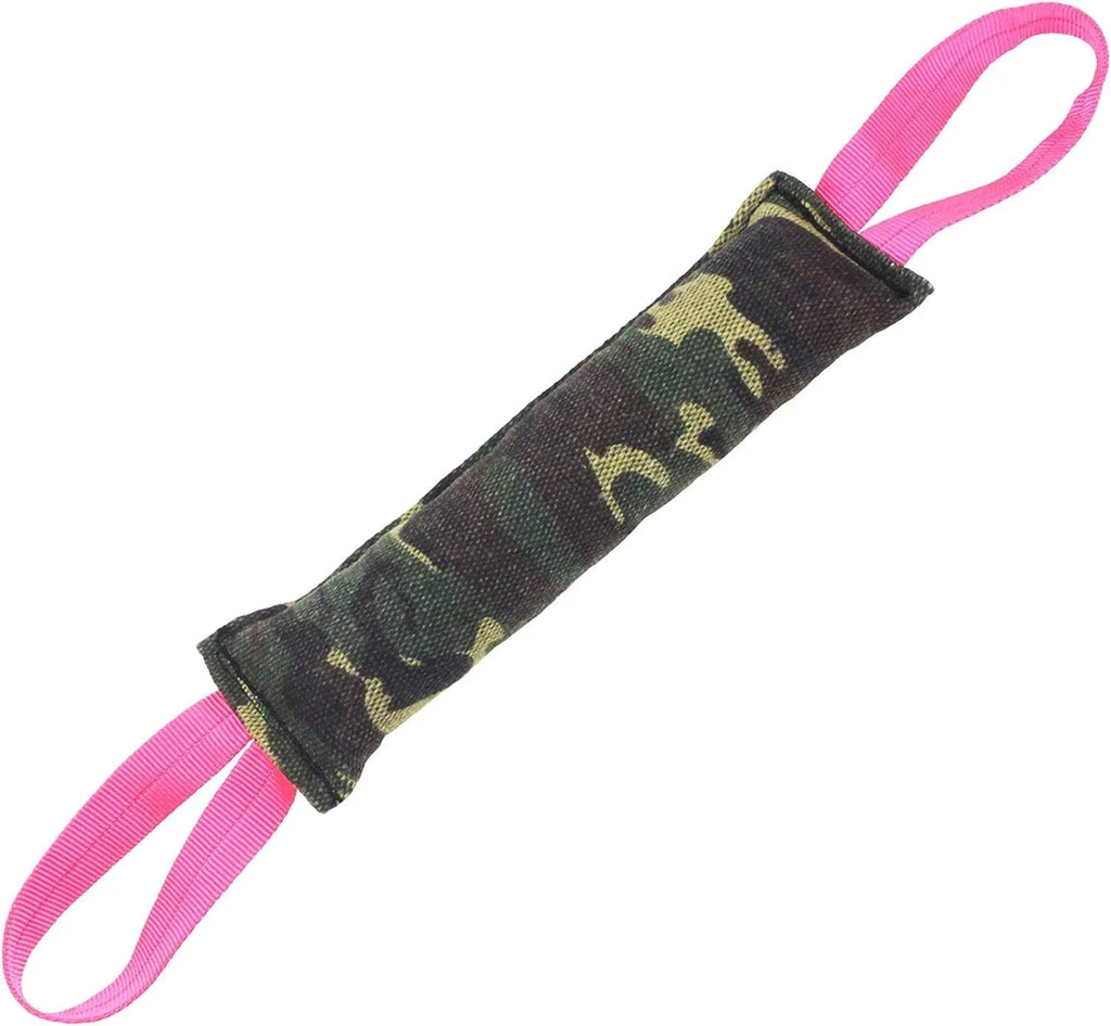 Beige and pink jute dog tug toy with two handles for interactive tug-of-war games
