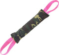 Beige and pink jute dog tug toy with two handles for interactive tug-of-war games
