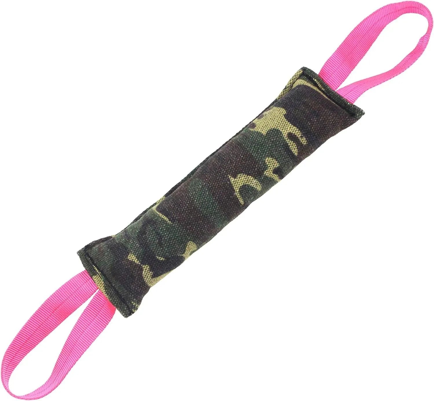 Beige and pink jute dog tug toy with two handles for interactive tug-of-war games