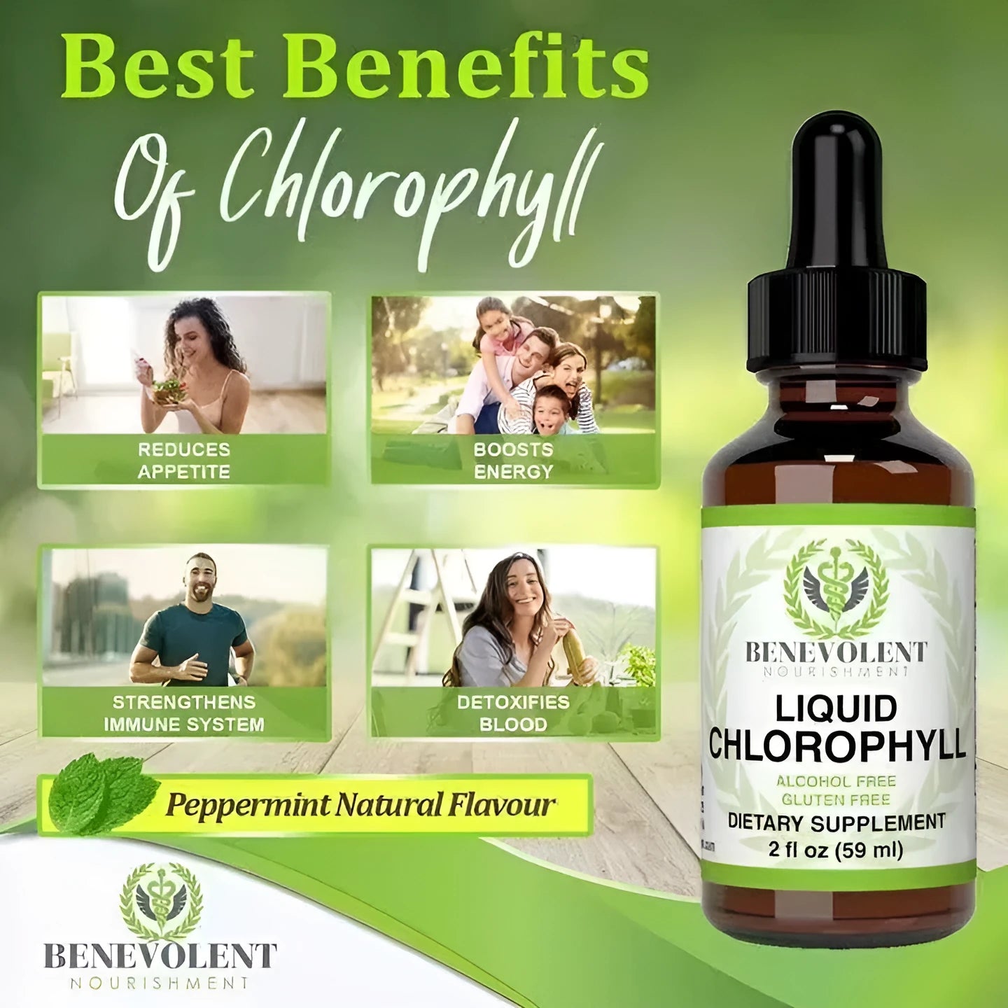 60ml glass bottle of natural green liquid chlorophyll drops for adult intestinal support.