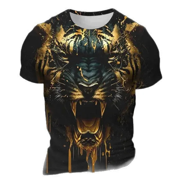 Men's grey T-shirt with detailed 3D tiger pattern on chest, short sleeves, pullover style