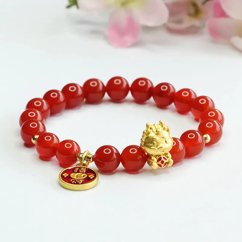Red agate dragon zodiac bracelet with 8mm beads in traditional Chinese style