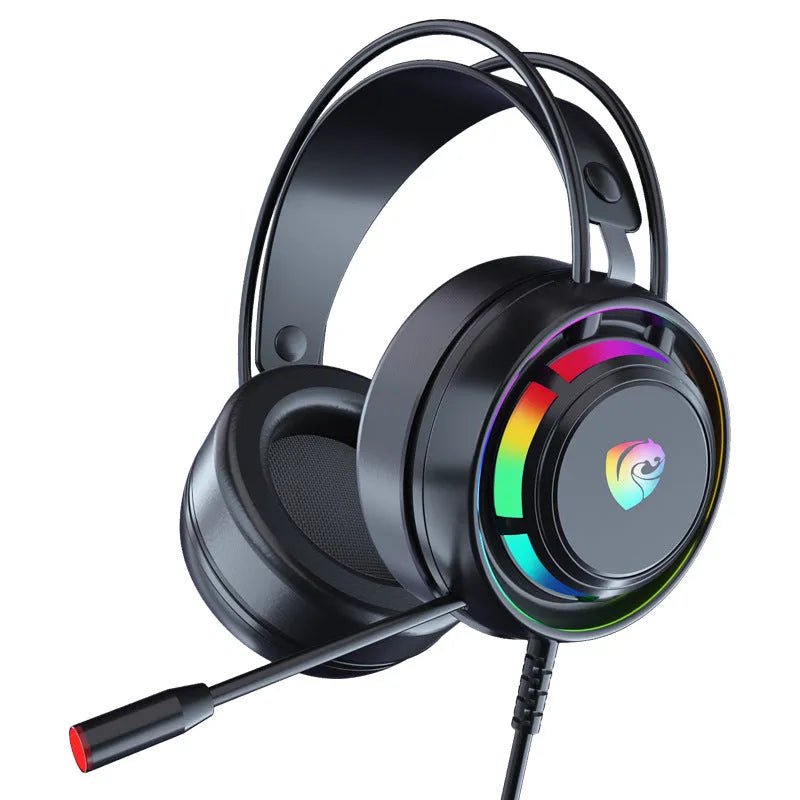 Black wired over-ear gaming headset with microphone and long cable, showing 50mm drivers and foam ear cushions.
