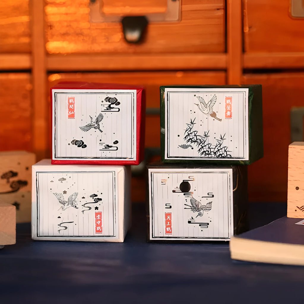 Mr. Paper wooden seal set with traditional crane designs in four colour variations for DIY printing projects