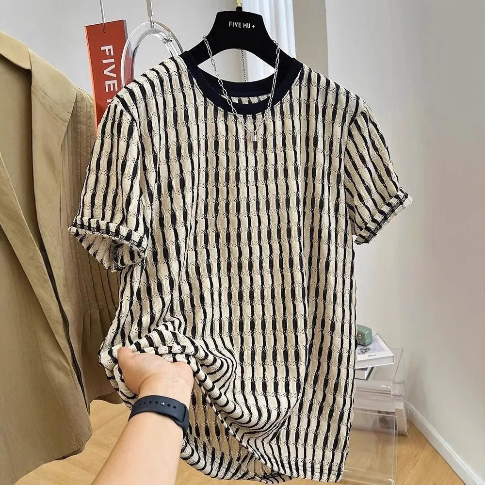 Black striped men's casual shirt with loose fit and short sleeves