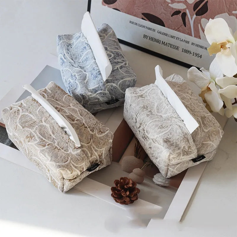 Chinese pastoral style cotton fabric tissue box with floral rose pattern in beige colour
