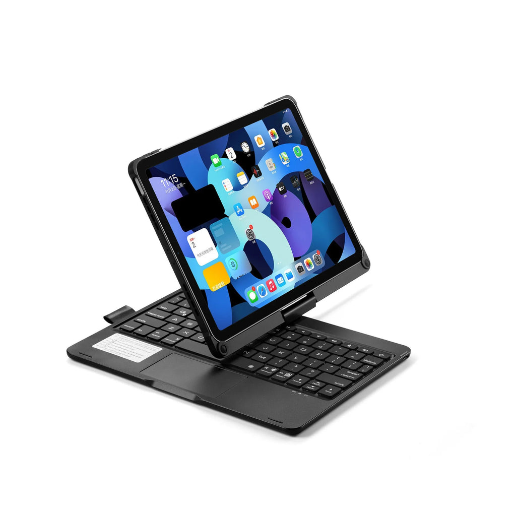 360-degree rotating Bluetooth keyboard with touch backlight for iPad Pro and Air models in black, rose gold, or silver