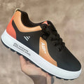 Men's solid colour casual shoes with artificial PU upper in white and orange, white and black, and white and brown colourways.