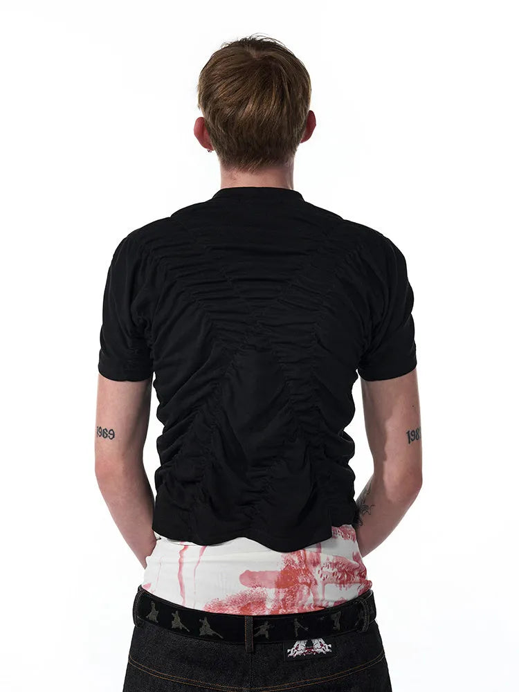 Black men's slim fit short sleeve t-shirt with printed design and round neck.