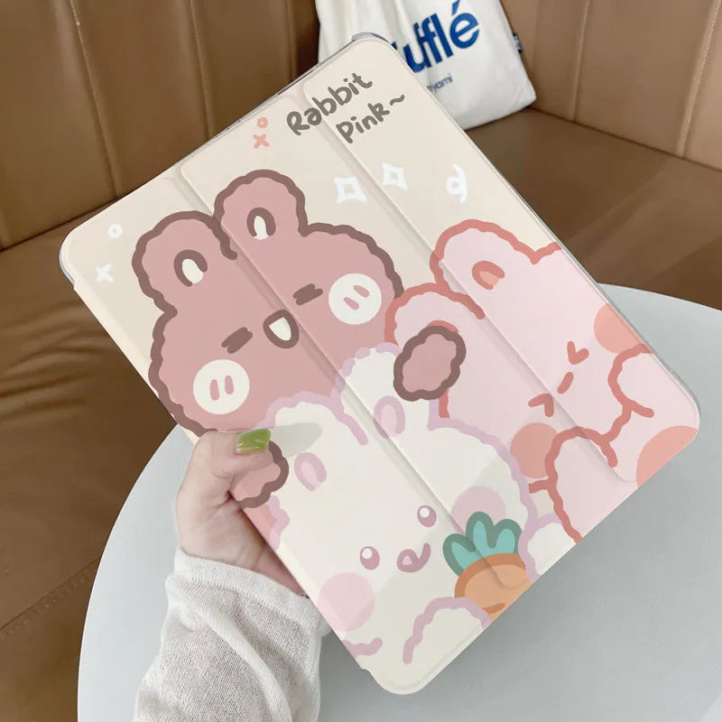 Silicone tri-fold protective case for iPad in a cartoon rabbit design, showing the stand function.