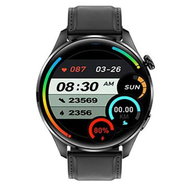 Black smartwatch with round colour screen and silicone strap on a wrist.