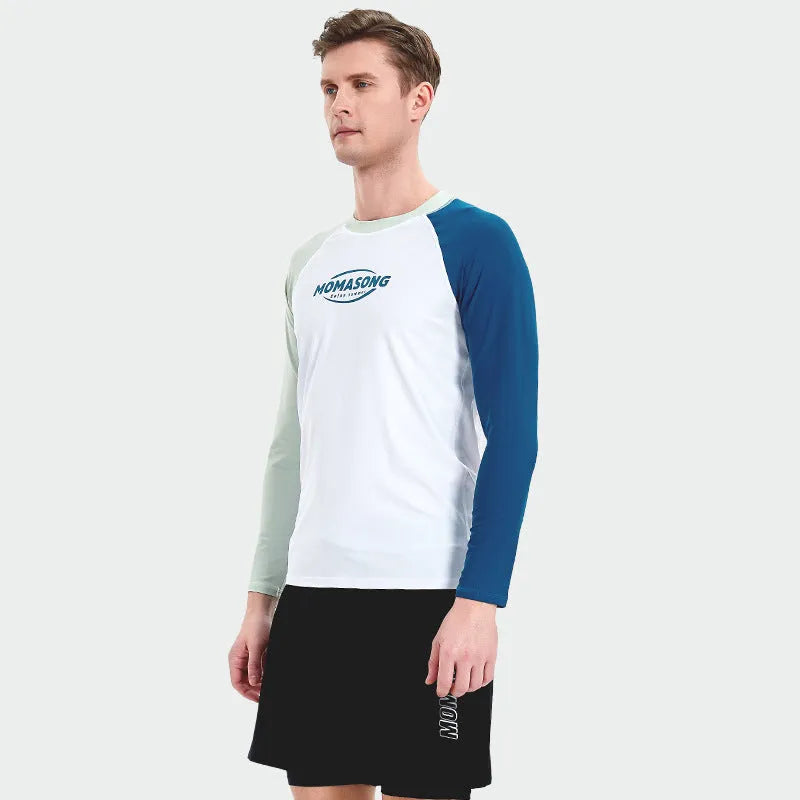 Men's white long-sleeved swim top with matching colour swim trunks laid flat.