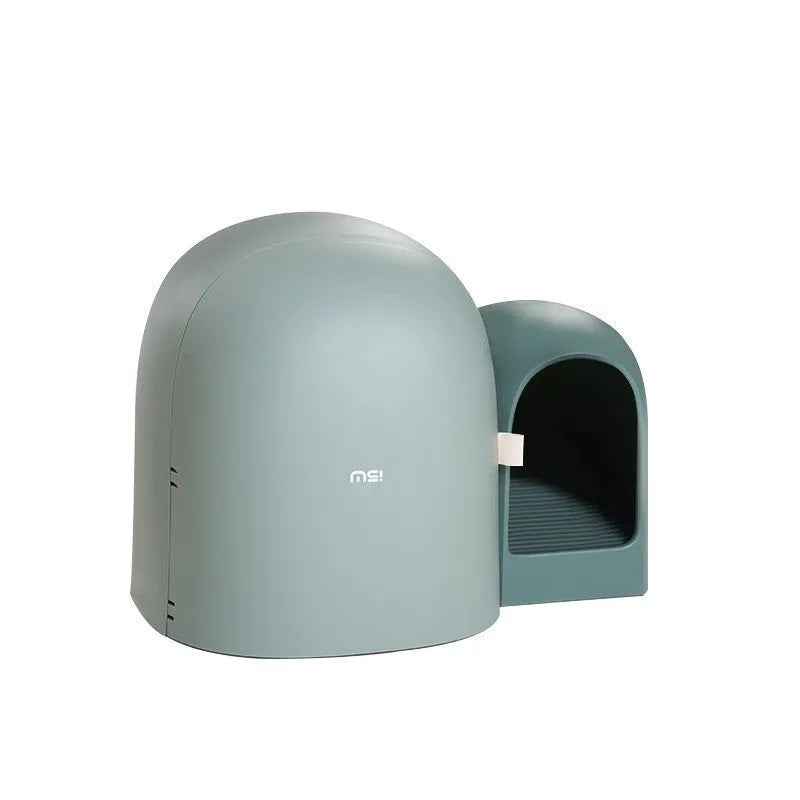 Large enclosed cat litter box in Aurora White, Moss Green, or Milk Tea Colour with dimensions 67.7cm x 49cm x 50cm