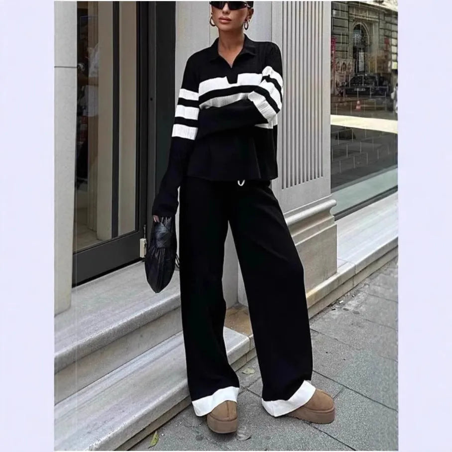 Women's black and white striped polo collar knitted top with matching long trousers casual two-piece set
