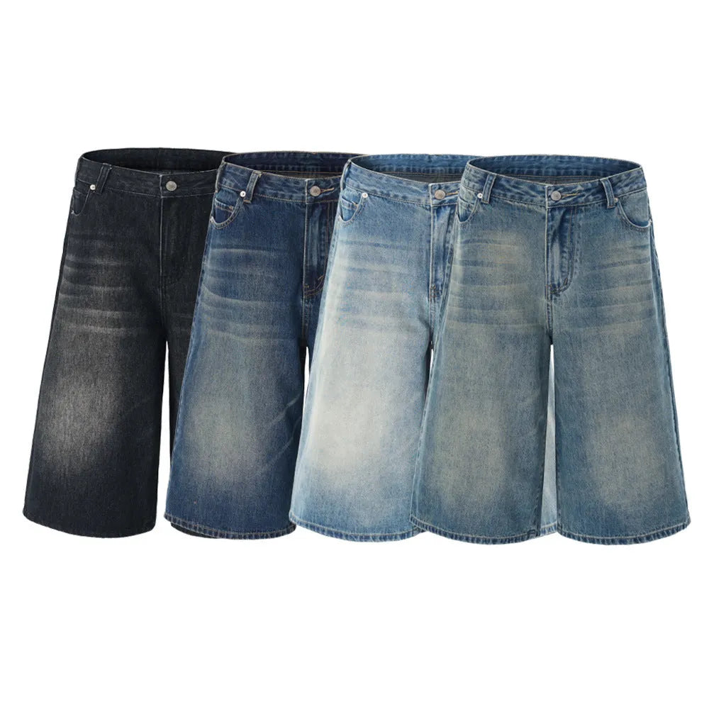 Men's straight-leg denim shorts in cropped length showing vintage blue colour option