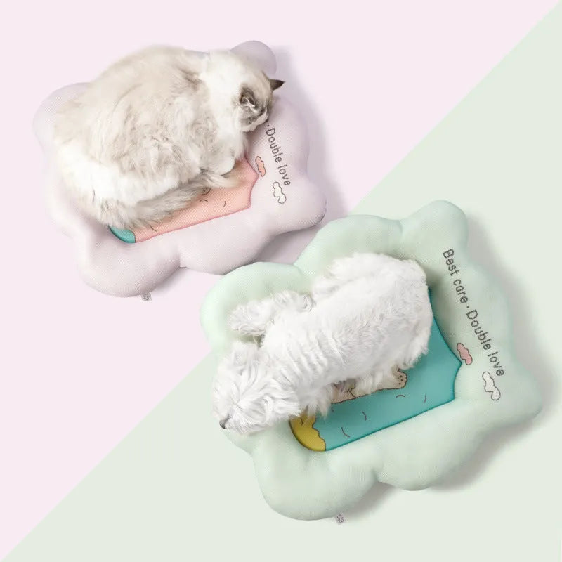 Ice silk pet cooling mat for dogs and cats in green and pink colours, available in four sizes