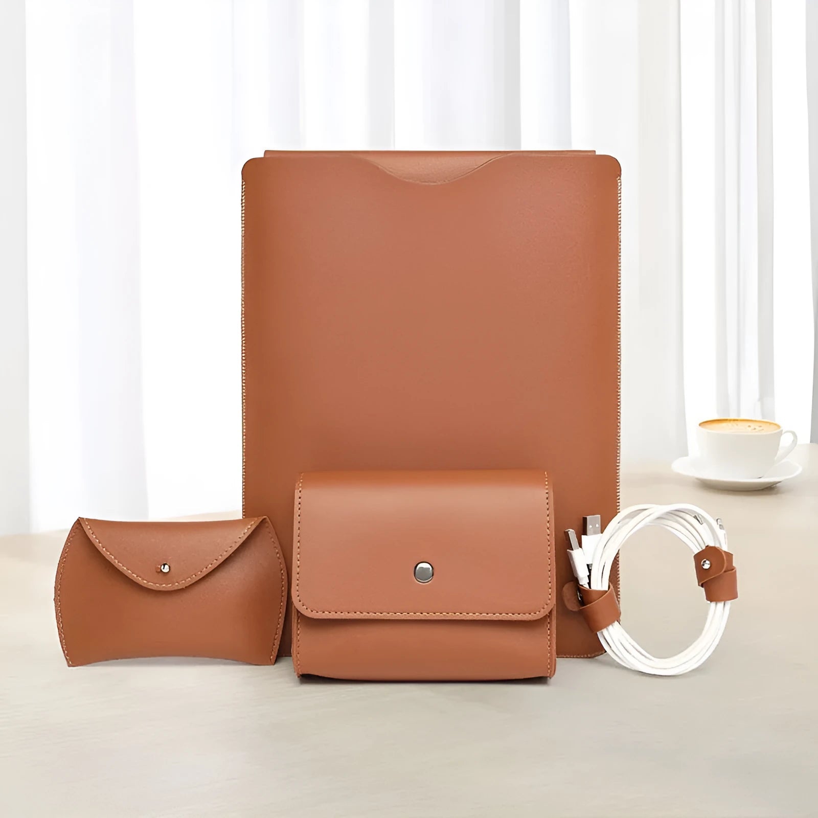 Four-piece imitation leather MacBook edge protector set shown in brown, grey, apricot, and light pink.