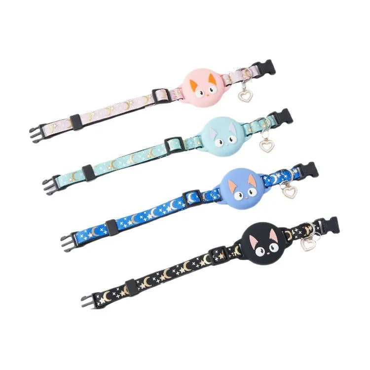 Adjustable plastic cat collar with integrated Apple AirTag protective case in four colour options