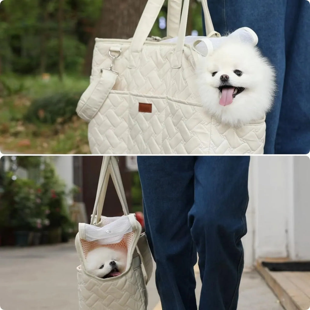 Grey pet carrier handbag with mesh panels and safety cord for cat or small dog transport