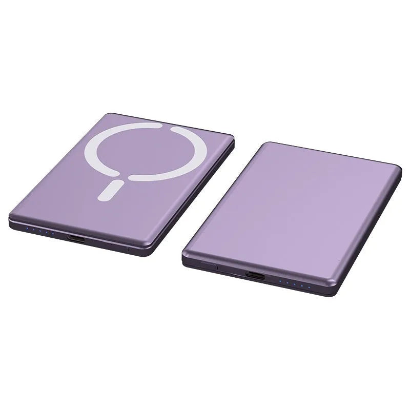Ultra-thin magnetic power bank in dark grey alloy casing showing side profile with 9mm thickness