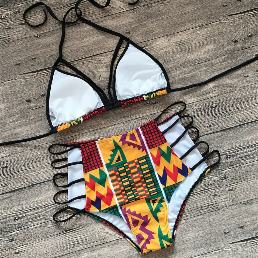 Women's digital print bikini swimsuit with high-waist briefs and backless design