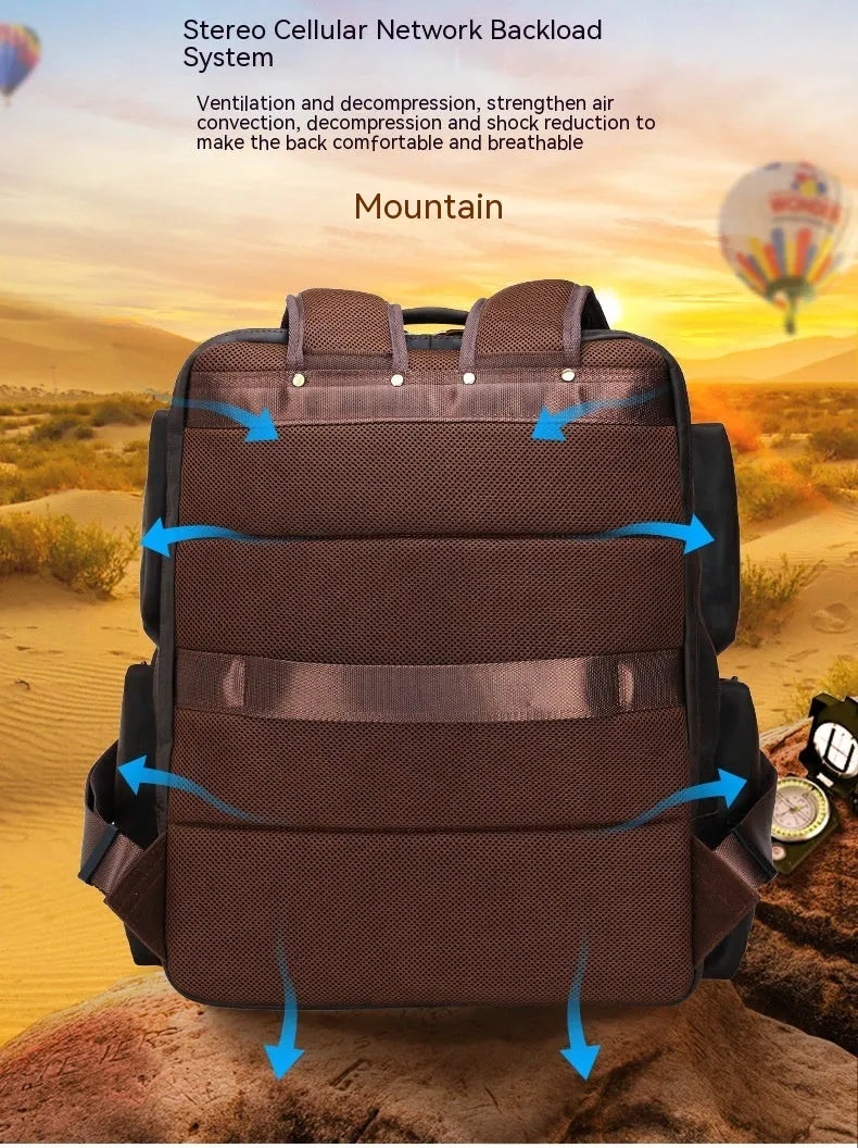 Dark brown leather backpack for 17-inch laptops with multiple compartments and shoulder straps