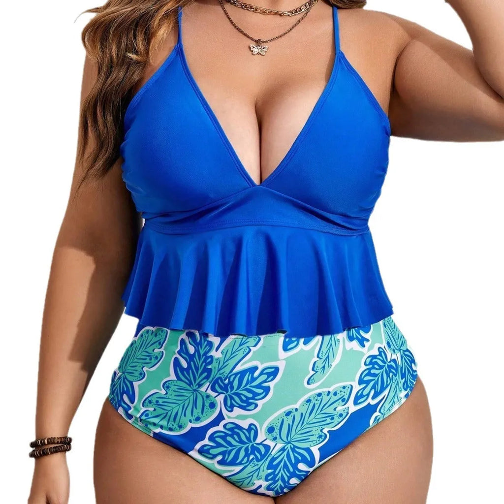 Blue plus size women's bikini set with briefs shorts on mannequin