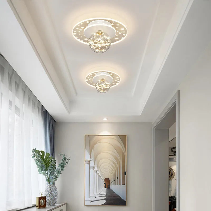 Modern minimalist ceiling lamp for corridors in gold, black, or white finish with LED light.