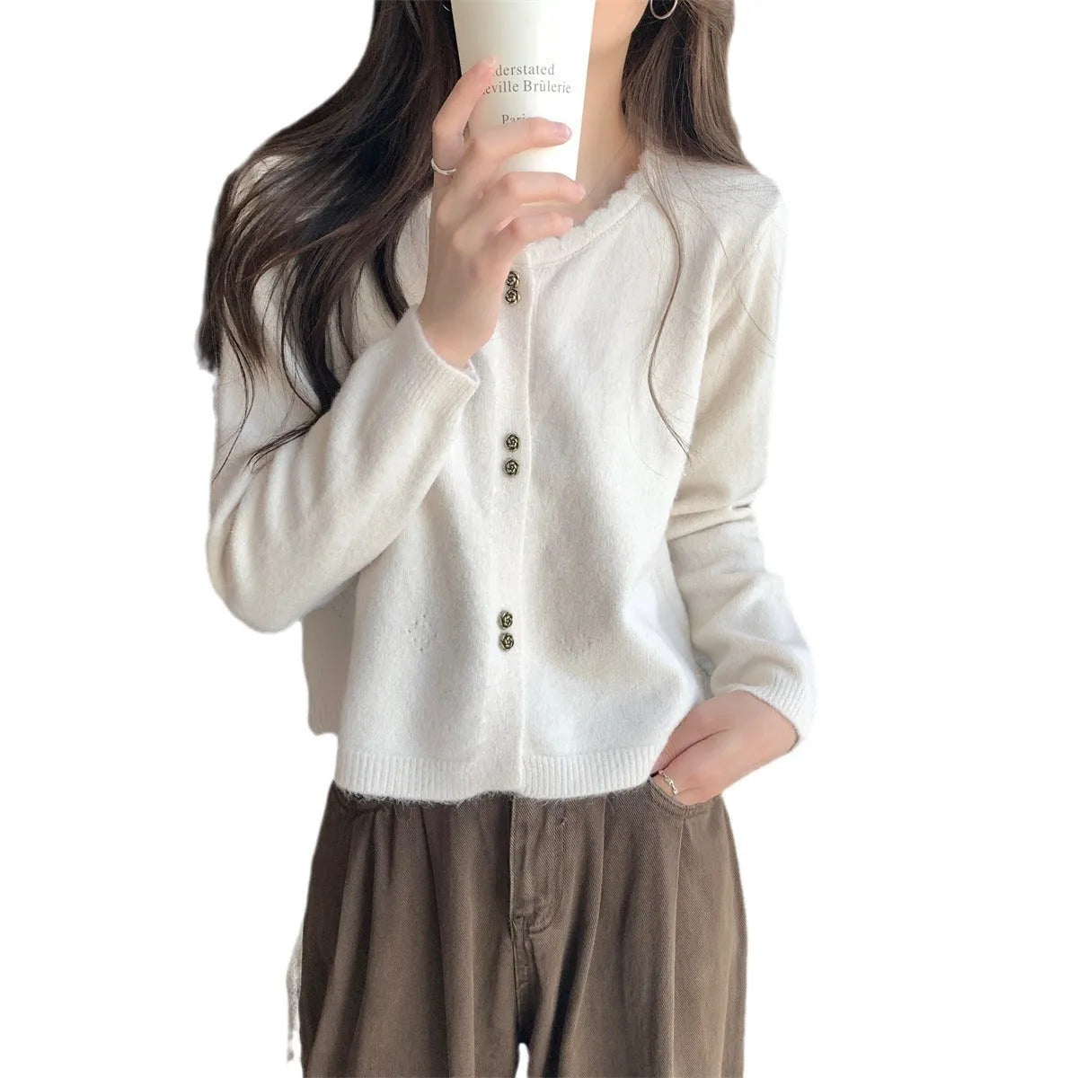 Women's long sleeve acrylic cardigan coat in beige colour