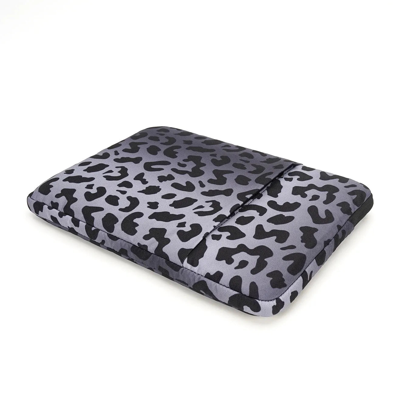 Leopard print laptop sleeve for 13-inch to 16-inch devices with waterproof polyester and anti-shock lining.