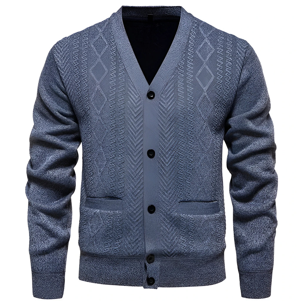 Men's striped cardigan sweater with wool lining in brown colour shown open over casual attire
