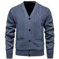 Men's striped cardigan sweater with wool lining in brown colour shown open over casual attire