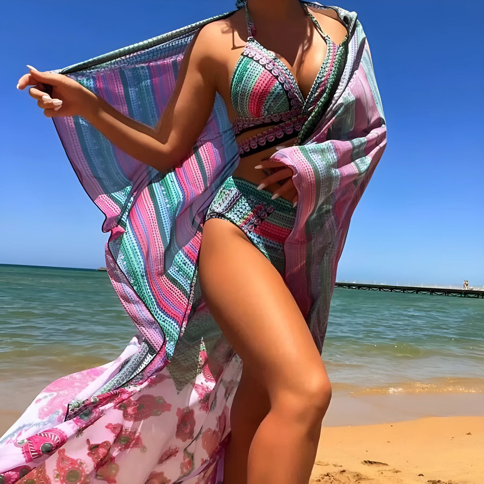 Blue cross bandage bikini swimsuit with high waist briefs and split detail veils