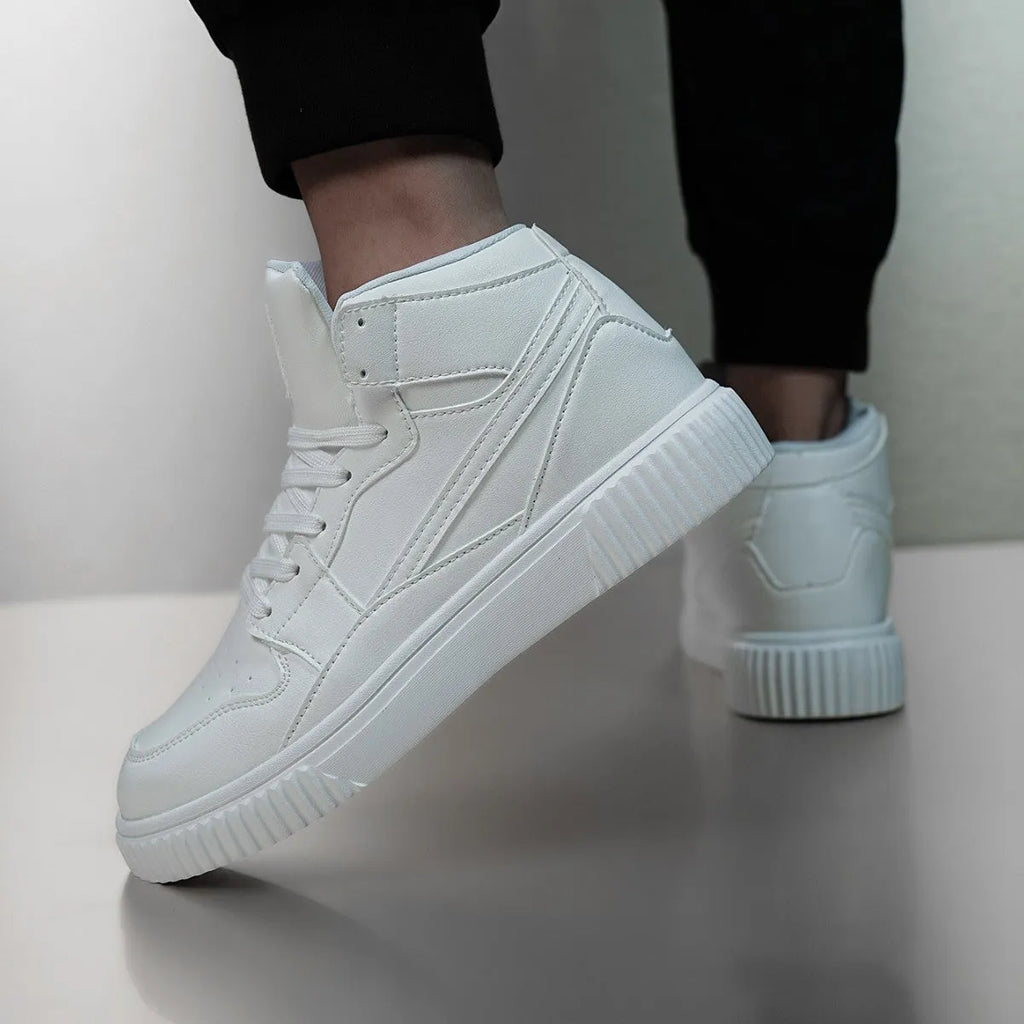 White men's round-toe casual shoes with a microfiber upper on a plain background.