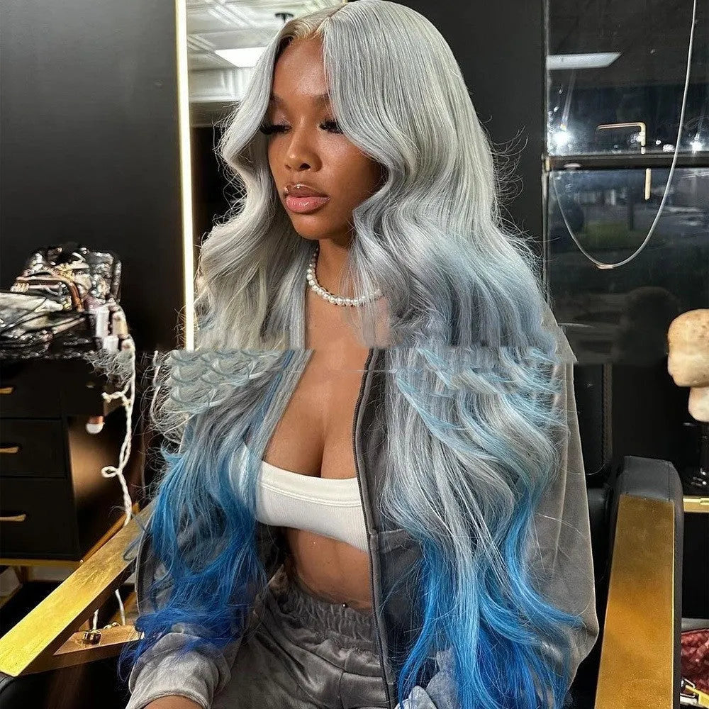 Grey blue gradient colour human hair wig with lace front, shown in long length