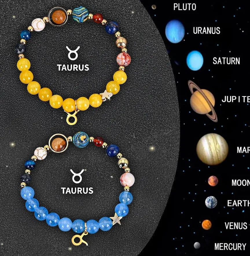 Twelve Zodiac Sign natural stone bead bracelets laid out, showing two bracelets with adjustable closures.