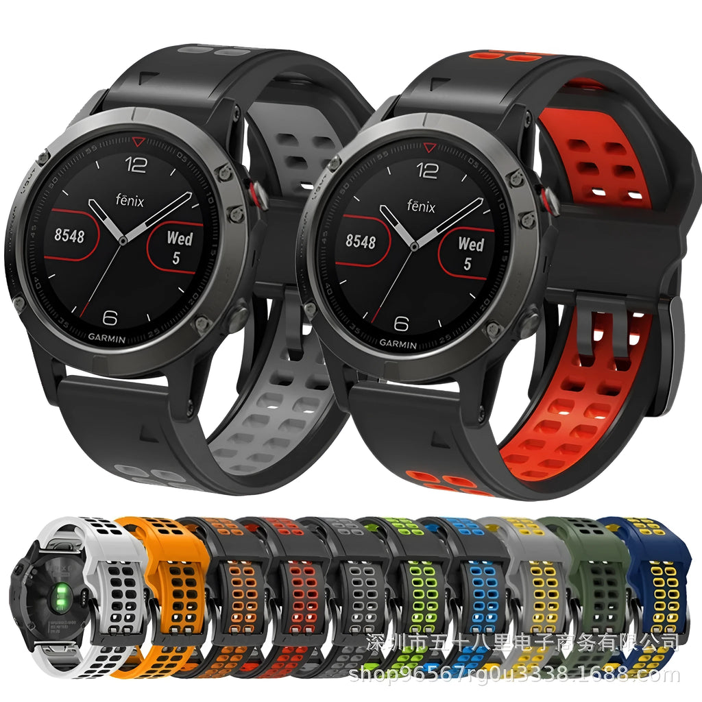 Quick release double-row hole silicone watch strap in a two-tone colour combination with a pin buckle.
