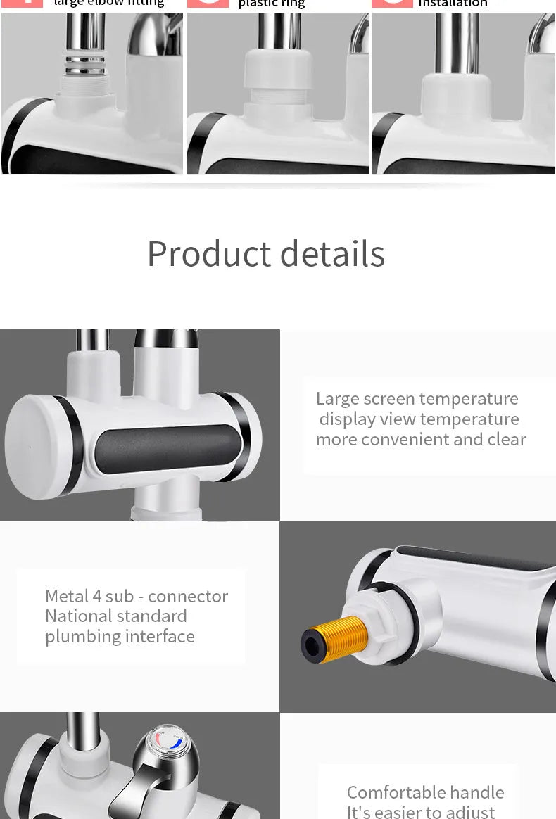 White instant electric water heater tap with digital temperature display for kitchen