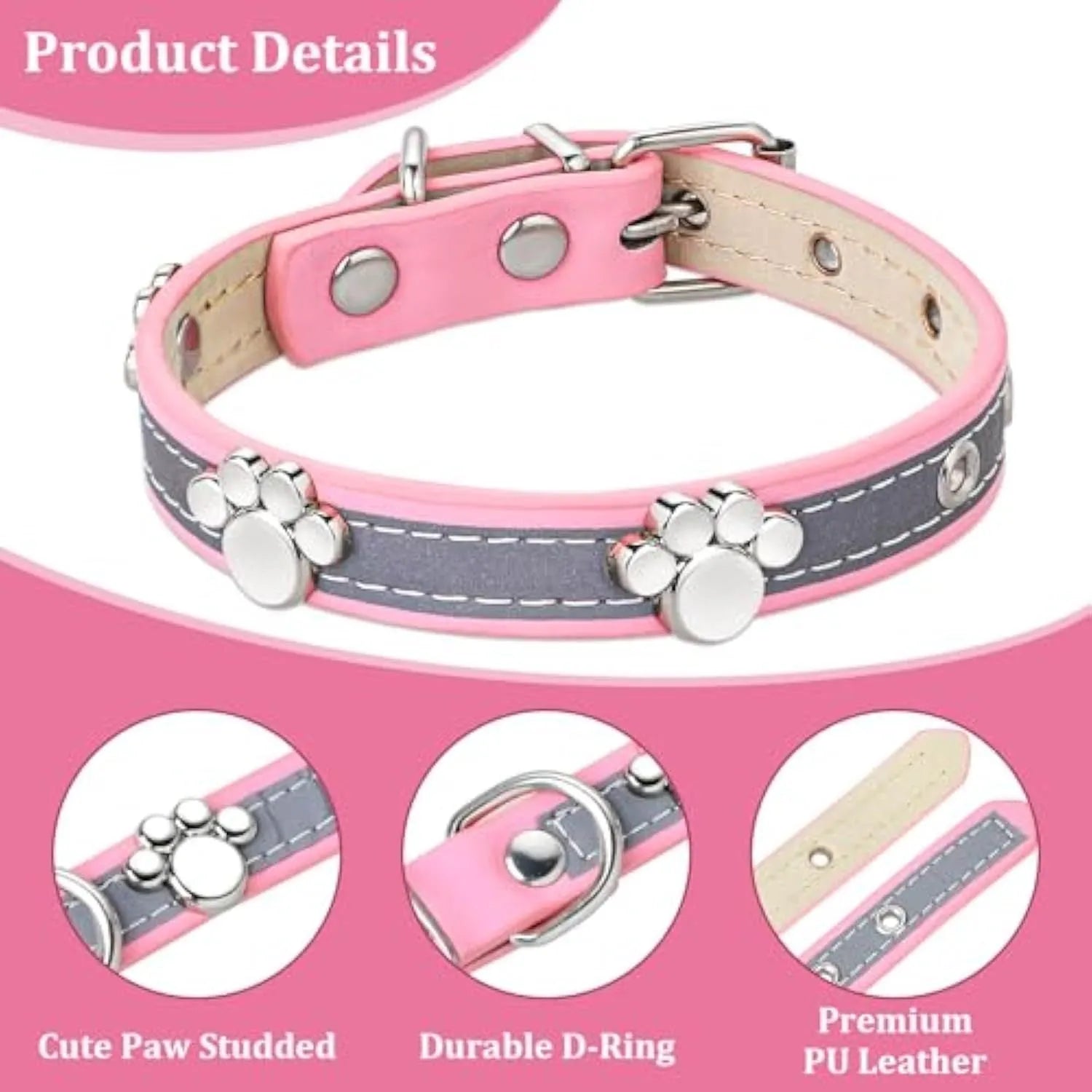 Reflective adjustable PU leather dog collar with metal buckle shown in multiple sizes.